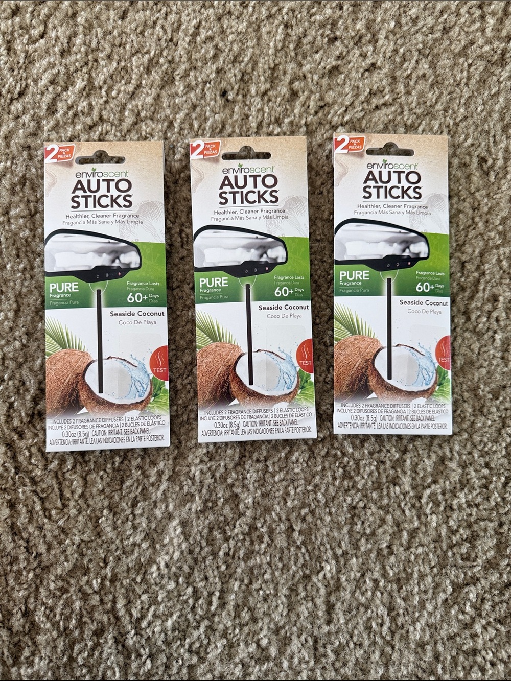 enviroScent Auto Sticks Seaside Coconut Car Air Freshener Pure Scent new